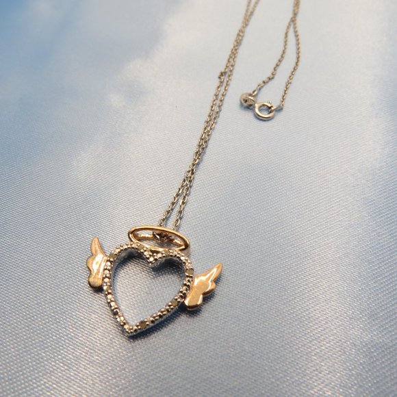 14k *925 Sterling Silver Diamond Heart Angel Necklace - Picture 2 of 2